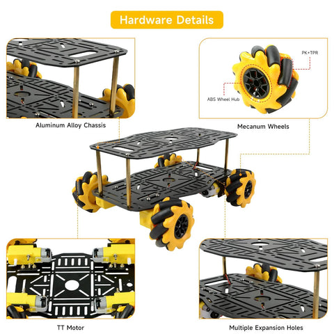 Mecanum wheel robotics kit with aluminum alloy frame and TT motors, featuring omnidirectional movement for DIY and STEM projects.