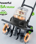Beast Garden Tiller For Big Beds 1800W Corded Cultivator With 24 Steel Tines showing powerful 15A motor and 400RPM display