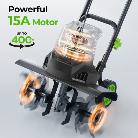 Beast Garden Tiller For Big Beds 1800W Corded Cultivator With 24 Steel Tines showing powerful 15A motor and 400RPM display