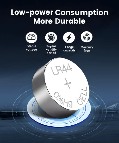 Close-up of LR44 battery with silver exterior, showing specifications. Suitable for 10 Pack Lr44 Batteries 1.5 Volt Alkaline Ag13 A76 357 Sr44.