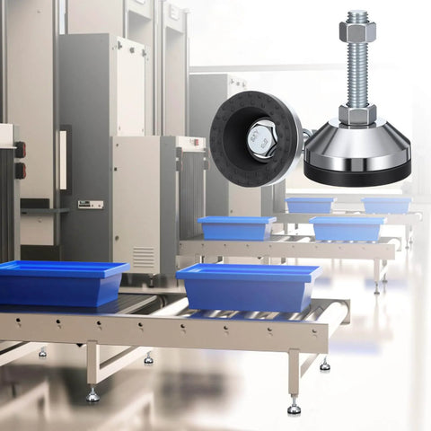Heavy duty adjustable leveling feet with 2.36 inch base and M12 thread support up to 1300 lb shown in industrial setting