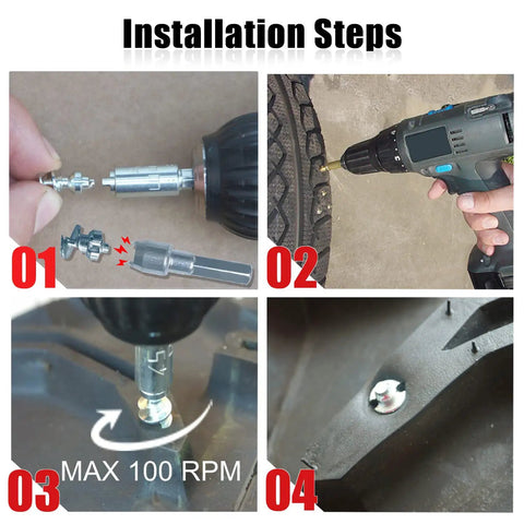 Installation steps for Super Heavy Tungsten Carbide Tire Studs For Winter Ice Control Grip Like Crazy On Frozen Roads For Trucks ATVs And Bikes.