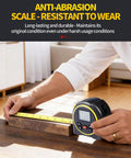 Person using 3 In 1 Laser Tape Measure Up To 131 Feet With Lcd Display Portable Measuring Tool For Home Renovation and DIY Projects on a wooden block.