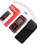 Front view of EHDIS digital HVAC manometer kit, red and black handheld pressure meter with hoses, adapters and carrying case