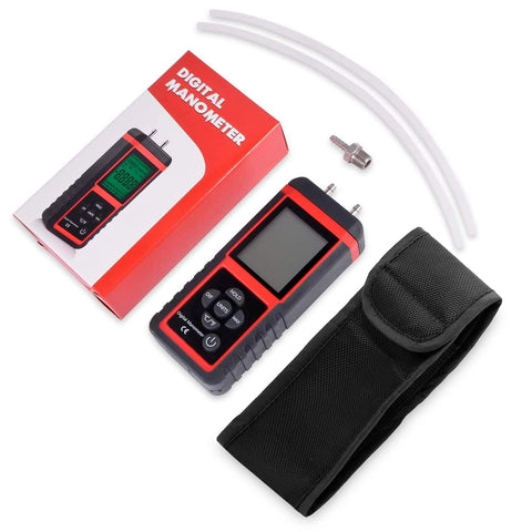 Front view of EHDIS digital HVAC manometer kit, red and black handheld pressure meter with hoses, adapters and carrying case