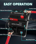 Kickass Heavy Duty 50 Amp Circuit Breaker For Boats And RVs With Manual Reset And Emergency Stop Switch IP54 Water Resistant Housing showing detailed features like manual break button and reset lever.