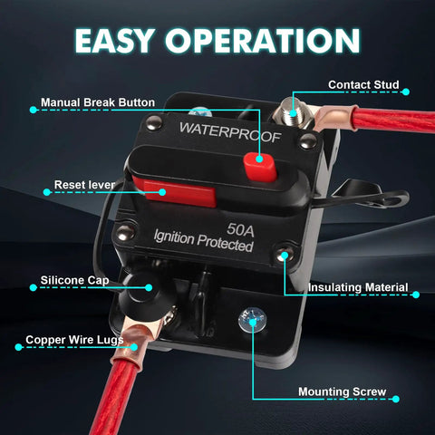 Kickass Heavy Duty 50 Amp Circuit Breaker For Boats And RVs With Manual Reset And Emergency Stop Switch IP54 Water Resistant Housing showing detailed features like manual break button and reset lever.