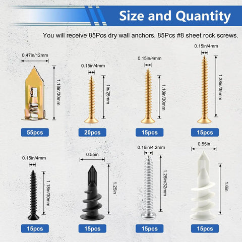 Do It All 170Pcs Drywall Anchors And Screws Kit sizes and quantities display with metal and plastic anchors.