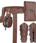 Medieval Belt Pouch Set With Detachable Belt And Leather Bracers Coin Bag Hook Strap For Renaissance Fairs LARP And Halloween Cosplay Brown Finish Ready For Pirate Viking Themed Festival Outfits displayed