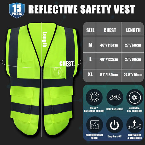 15 Pack Reflective Safety Vests With Pockets And Zipper For Work, showing vest measurements and features