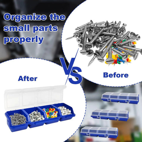 Comparison of loose screws versus organized screws in Six Piece Screw Organizers With Lids Plastic Stackable Hardware Bins