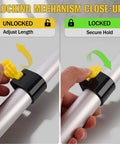 Close-up of secure lock system on heavy-duty commercial extension pole with ultra-rigid aluminum build, showing unlocked and locked states.