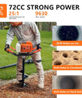 Man using 72cc Gas Powered Auger Post Hole Digger with 6 and 8 Inch Drill Bits for farm garden fence posts, orange finish visible.