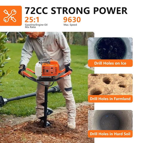 Man using 72cc Gas Powered Auger Post Hole Digger with 6 and 8 Inch Drill Bits for farm garden fence posts, orange finish visible.
