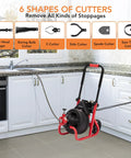 Auto Feed Electric Drain Cleaner Machine Delivers Heavy Duty Torque To Knock Out Thick Grease Clogs And Tree Roots Instantly For 3/8 Inch Drain Pipe Or 1 To 4 Inch Line Runs Nailed Every Time with multiple cutter shapes.