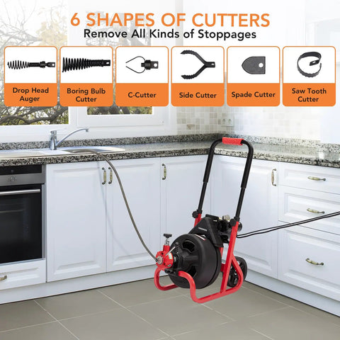 Auto Feed Electric Drain Cleaner Machine Delivers Heavy Duty Torque To Knock Out Thick Grease Clogs And Tree Roots Instantly For 3/8 Inch Drain Pipe Or 1 To 4 Inch Line Runs Nailed Every Time with multiple cutter shapes.