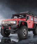 Red RC car with Grippy Soft Rubber Rock Crawler Tires 1.0 Beadlock Fit For 1/18 And 1/24 RC Cars, 56x22mm size, S5 compound.