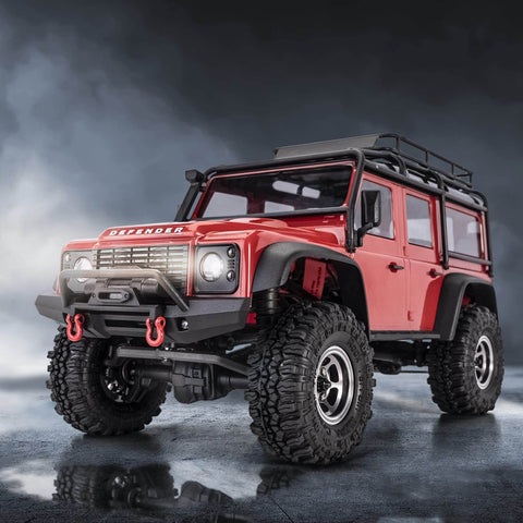 Red RC car with Grippy Soft Rubber Rock Crawler Tires 1.0 Beadlock Fit For 1/18 And 1/24 RC Cars, 56x22mm size, S5 compound.