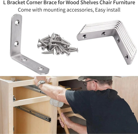 Heavy Duty Stainless Steel L Bracket Corner Brace Right Angle Support 65X65Mm Woodworking Fastener 6 Pack with screws for furniture assembly.