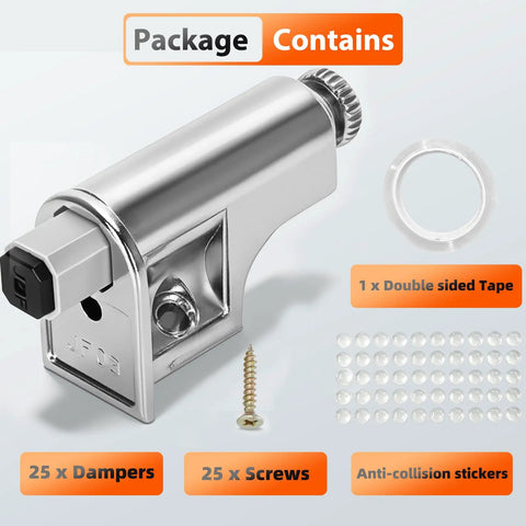 Twenty Five Pieces Soft Close Cabinet Door Dampers includes 25 dampers, screws, tape, and anti-collision stickers for easy install.