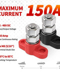 Badass 12V 150A Power Distribution Block Four Pack showing red and black busbar terminals with detailed specs.
