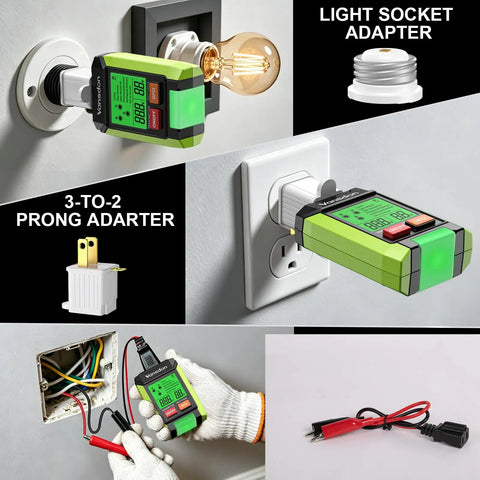 Plug-and-Play 3-In-1 Electrical Troubleshooter Circuit Breaker Locator, GFCI Outlet Tester, And Circuit Tracer With LCD Display, Wide 90 To 250V Range, Quick Diagnostic Tool For DIYers And Pros At Home plugged into wall outlet, showing breaker and wiring test use