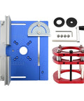 Heavy Duty Aluminum Router Table Insert Plate Dead Nuts with angle gauge, screws, and support base for precision routing.