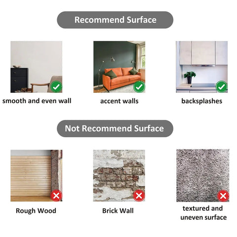 Recommended and non-recommended surfaces for Antique Mirror Effect Peel And Stick Wall Panels Set of 35 in Gatsby Gold Brown Acrylic.