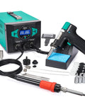 Pro Grade 110W EVO Soldering Station And Desoldering Kit With Vacuum Pump, showing tools, nozzles, station, and desolder tool.