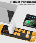 Beefy Built Metal Surge Protector Power Strip With Eight Outlets And USB Ports Nine Foot Long Extension Cord 1800 Joules 15A