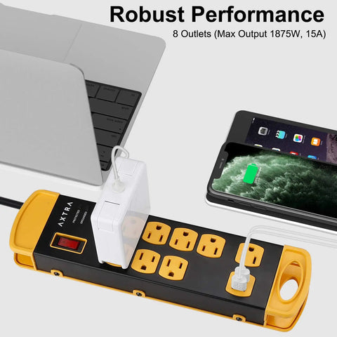 Beefy Built Metal Surge Protector Power Strip With Eight Outlets And USB Ports Nine Foot Long Extension Cord 1800 Joules 15A