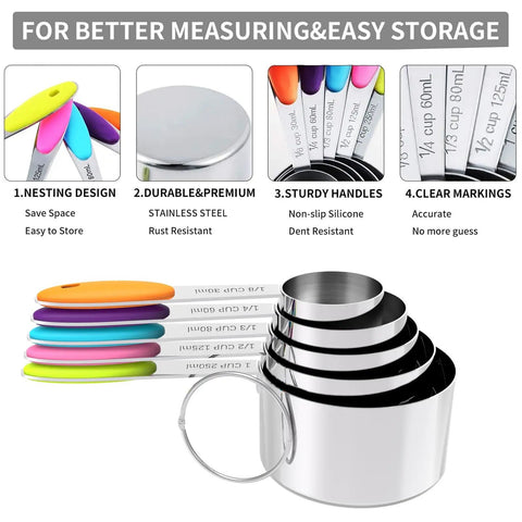 Nesting Measuring Cups And Spoons Set Made Of Stainless Steel With Soft Silicone Handles Pro Grade Heavy Duty And Dishwasher Safe