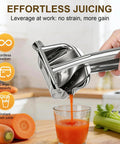 Heavy Duty Manual Citrus Juicer Press In 304 Stainless Steel Effortless Hand Squeezer for carrots extracting juice.