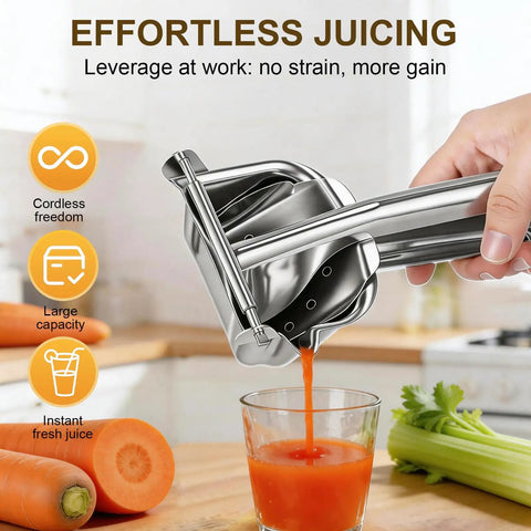 Heavy Duty Manual Citrus Juicer Press In 304 Stainless Steel Effortless Hand Squeezer for carrots extracting juice.