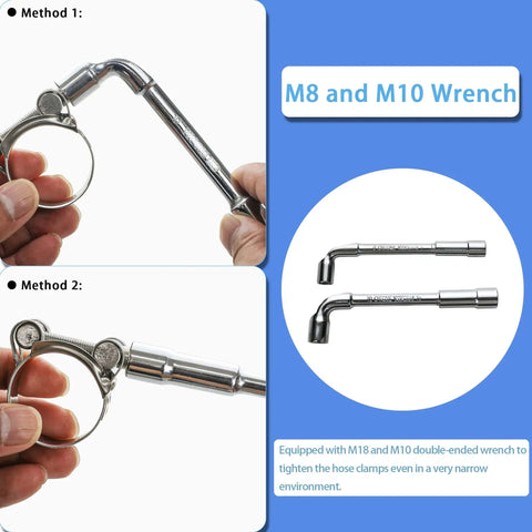 Heavy Duty T Bolt Hose Clamps Kit, 28 Piece Six Size Assortment, 304 stainless clamps with M8 and M10 wrench for tightening.
