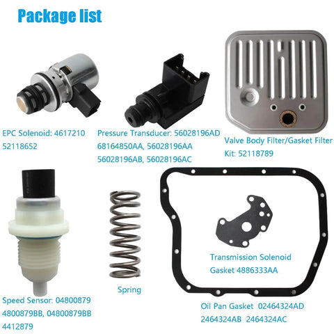 Governor Pressure Sensor Solenoid Kit For Dodge Ram 1500 2500 3500 Dakota Durango 2001 Through 2009 And Jeep Grand Cherokee 2001 Through 2004 With A500 A518 A618 42RE 44RE 46RE 47RE 48RE Trans Includes EPC Solenoid And Valve Body Kit Plug N Play components displayed