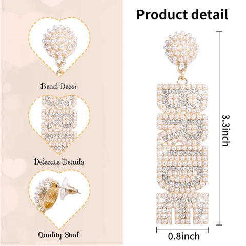 Bride To Be Beaded Earrings With Sparkling Rhinestones And Bride Lettering, White Jewelry For Bachelorette Party And Wedding Day, Elegant Centerpiece Accessory For The Bride; 3.3 inch