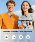 Two people smiling using Ultra Clear Wireless Lavalier Microphone 2 Pack For iPhone Android with clip-on for video recording.