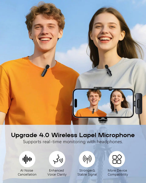 Two people smiling using Ultra Clear Wireless Lavalier Microphone 2 Pack For iPhone Android with clip-on for video recording.
