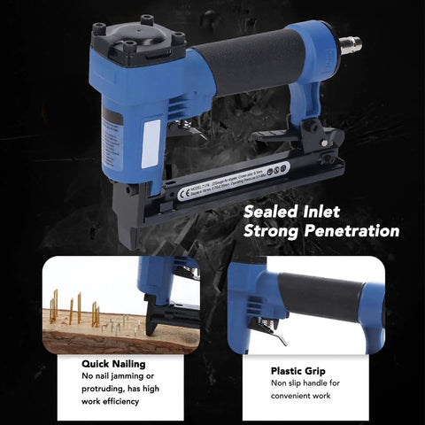 Heavy Duty Pneumatic Brad Nailer With Aluminum Body For Woodworking Furniture Cabinet Refinish And Ceiling Repair, features plastic grip and sealed inlet.