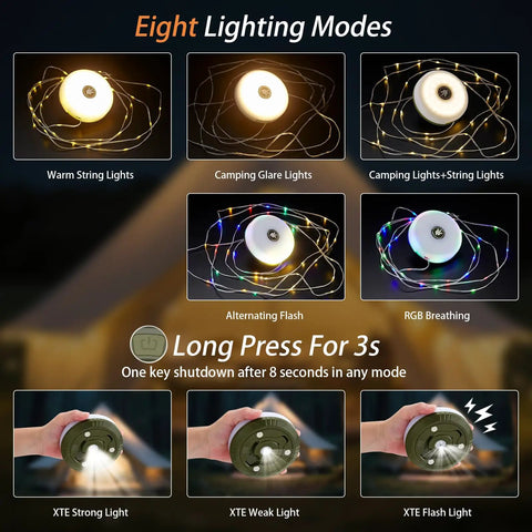 Eight lighting modes of 4 In 1 USB Rechargeable Camping String Lights With 8 Modes, 32.8Ft Waterproof Tent Lights For Camping and more.