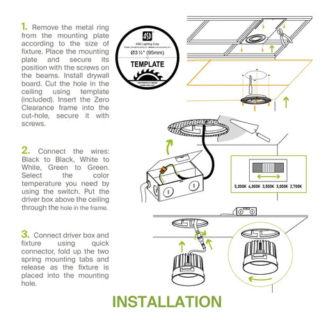 Diagram of installing Trimless 4 Inch LED Recessed Downlight Canless 15W 120V Dimmable No Fuss Ceiling Light with J Box 5 CCT.