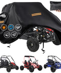 Heavy Duty Waterproof 420D Go Kart Cover for Two Seaters with Air Vent covering black go kart, image of cover folded, fits most 2 seaters