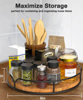 9 Inch Lazy Susan Turntable Organizer in Carbonized Black Pine Wood Finish with condiments and spices on a counter, 360 degree spin
