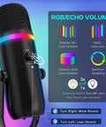 Beast Podcast Microphone For PC, Mac, And iPhone with RGB lighting, echo control, USB studio sound, shown with adjustment guide.