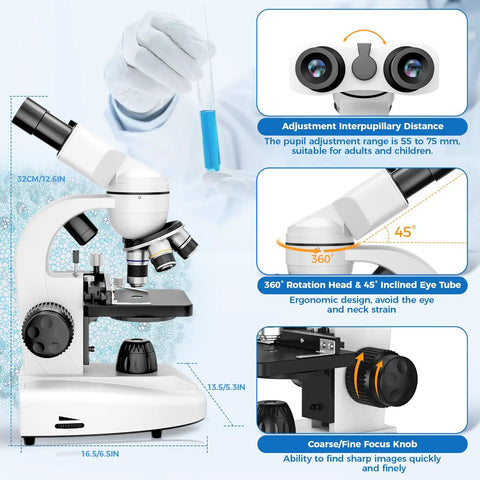 Binocular Compound Microscope Kit For Kids And Adults 40X To 1000X Magnification With Dual Mechanical Stage Slides Kid Friendly