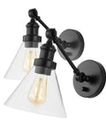 Oil Rubbed Bronze 8 Inch Adjustable LED Wall Sconce Plug In Wall Lamp With Dimmer Switch Clear Glass Shade For Bedroom Living Room And Kitchen LED Bulb Included No Fuss Install And Modern Accent, dual cone glass shades, side view.