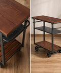 Smooth Rolling Three Tier Bar Cart With Sturdy Handle And Mobile Kitchen Microwave Rolling Stand With Chic Industrial Beverage Serving Design In Rustic Brown Metal And Wood, showcasing three tiers and wheels.