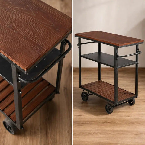 Smooth Rolling Three Tier Bar Cart With Sturdy Handle And Mobile Kitchen Microwave Rolling Stand With Chic Industrial Beverage Serving Design In Rustic Brown Metal And Wood, showcasing three tiers and wheels.