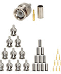 BNC Coax Connector Crimp Kit With RG58 RG59 10 Pack Includes connectors, ferrules, and pins arranged on white background.
